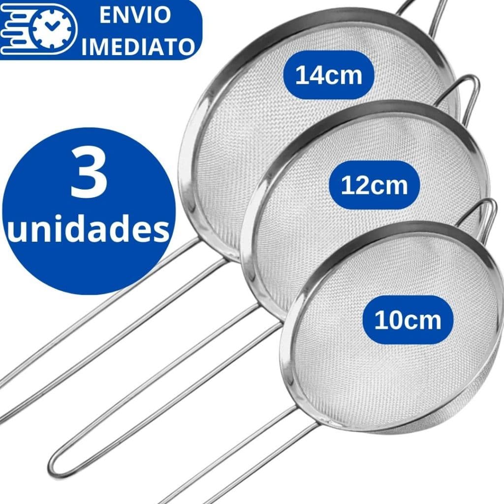 KIT 3 Peneira Coador de Aço Inox 14cm 12cm 10cm para Cozinha Casa Restaurante.