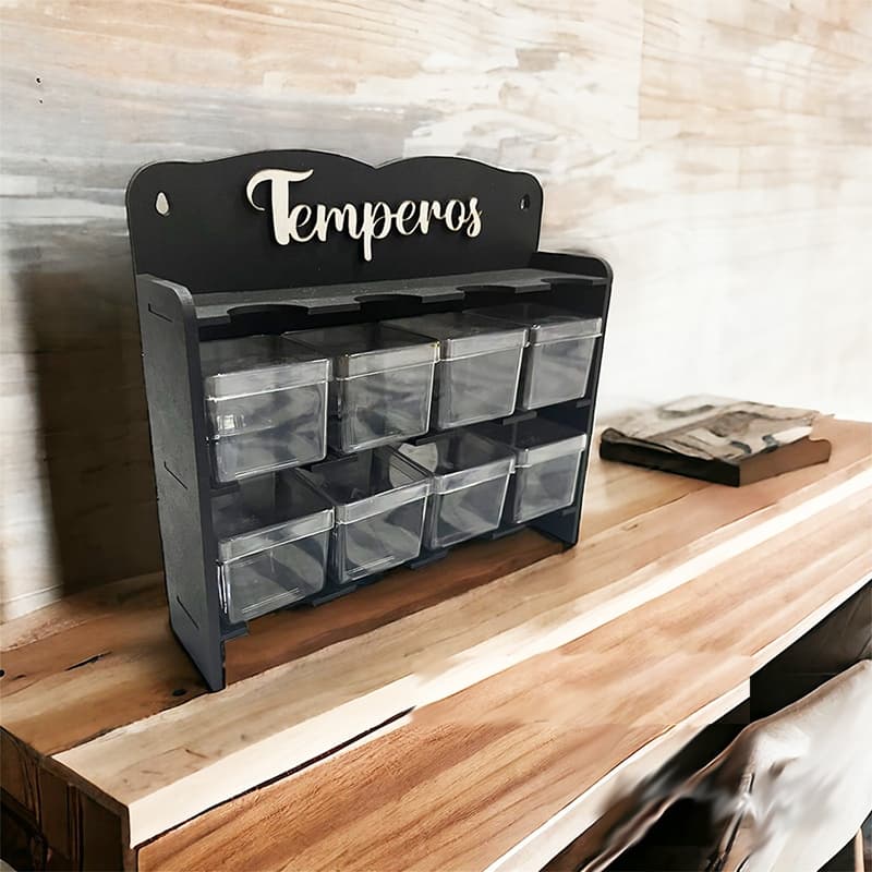 Porta Temperos 8 Caixinhas de Acrilico 5x5x5 em MDF Preto e Condimentos para Cozinhas Modernas