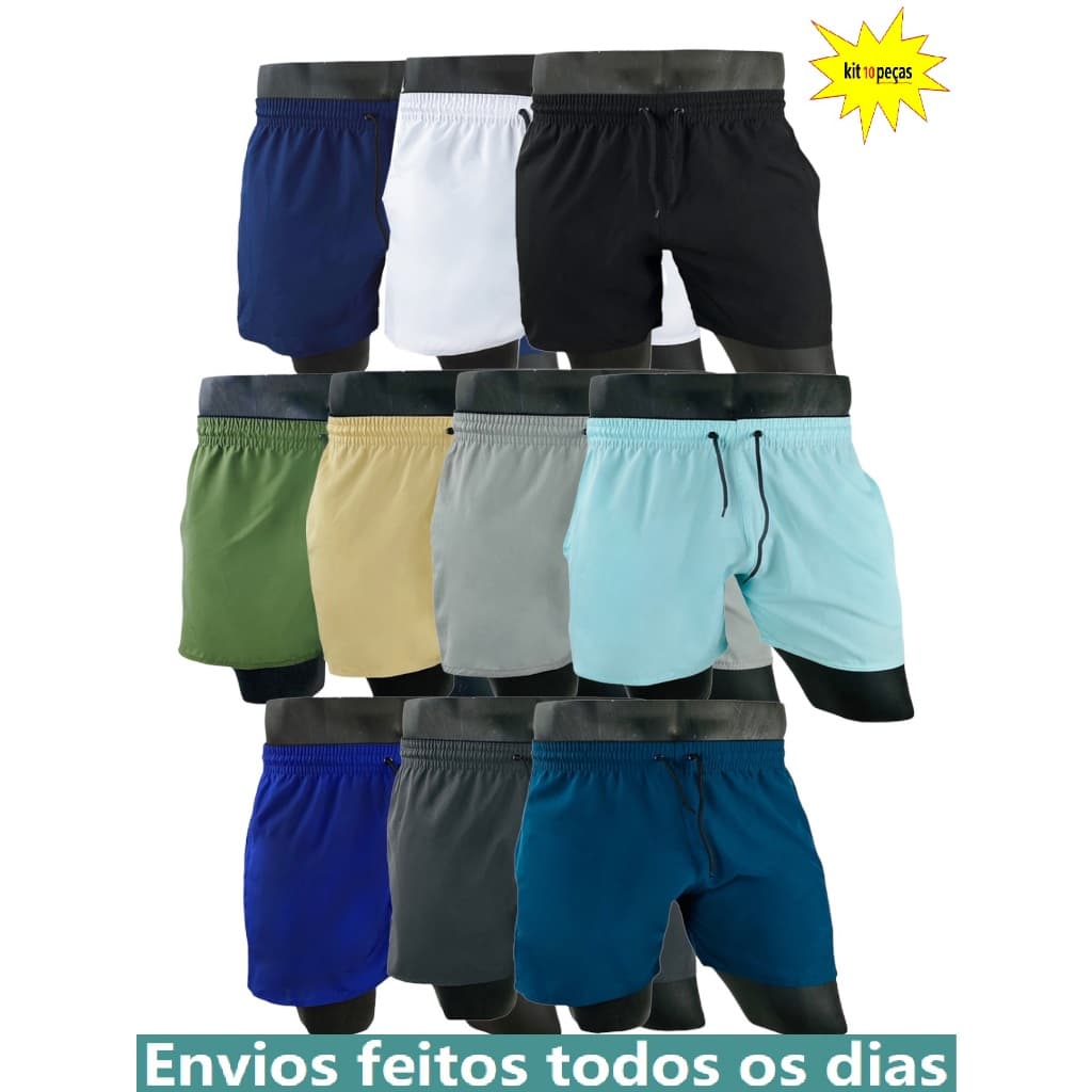 KIT 10 SHORTS multicolorido masculino tactel com elastano praia academia esportes secagem
