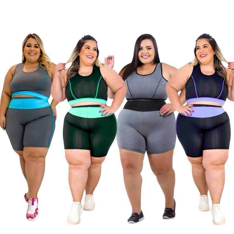 kit 4 Conjuntos Fitness Plus Size Top + Short G GG XGG e EXGG Roupa de academia feminino Curves