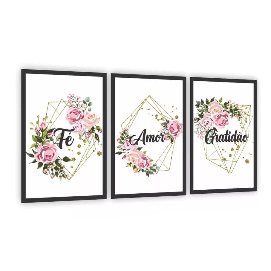 Kit 3 Quadrinhos Fé Amor Gratidão Frase Flor Sala Quarto 50x30cm