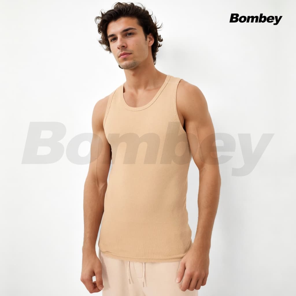 Regata Masculina Bege Modelo Americano Tank em Ribana em Algodão com Elastano Bombey