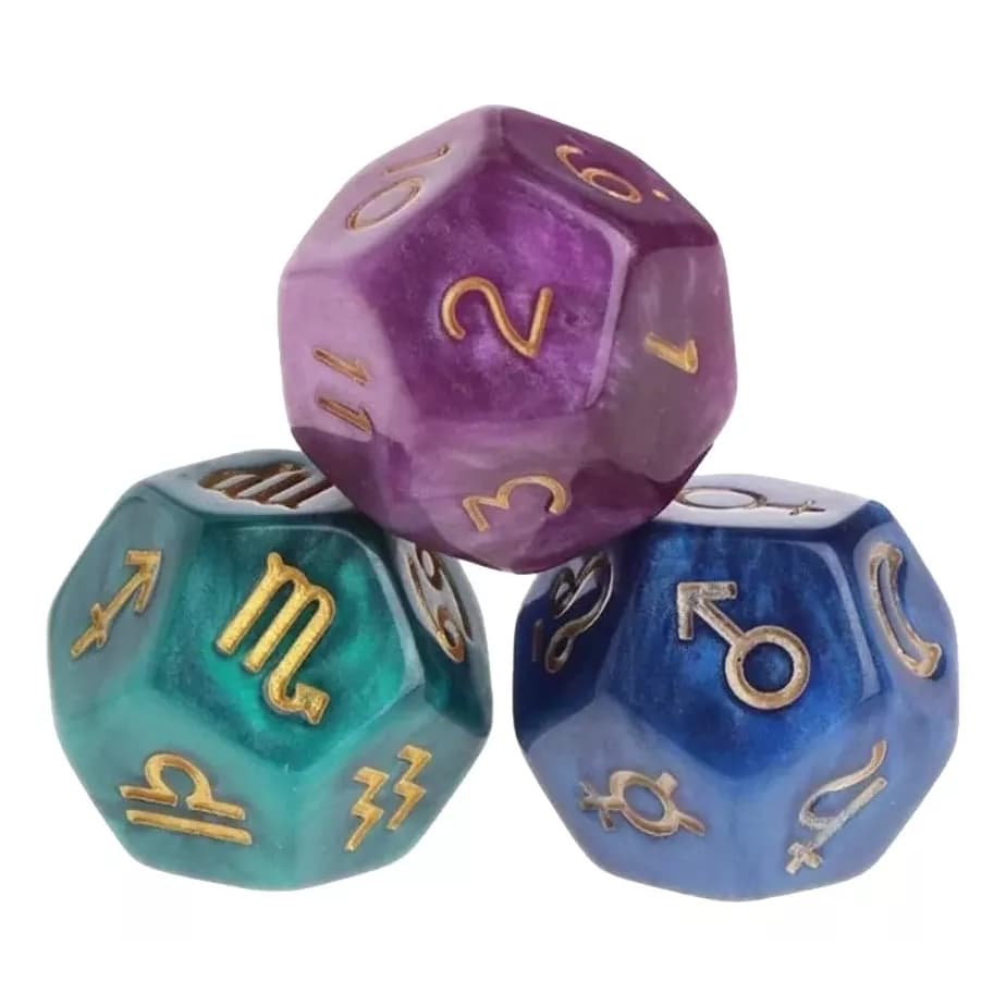 Kit Com 3 Dados Astrológicos 12 Lados Tarot Signos Zodíaco