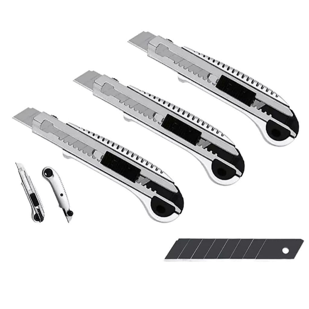3 Estiletes De Metal Profissional 18mm + 15 Lâminas Extras Ferramentas de Corte Multiuso