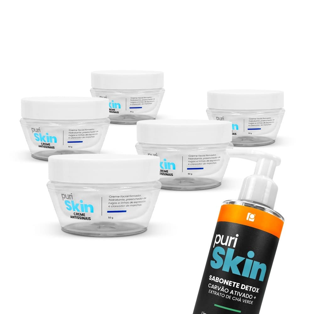Kit com 5 potes Creme Antissinais - 50g| PuriSkin  +  Sabonete Detox em gel - 200 ml