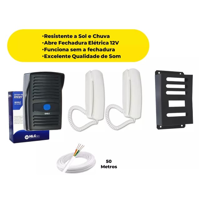 Kit Interfone Porteiro Eletrônico PRETO  c/ 2 Monofones Capa de Proteção PRETA+ 50 metros de cabo