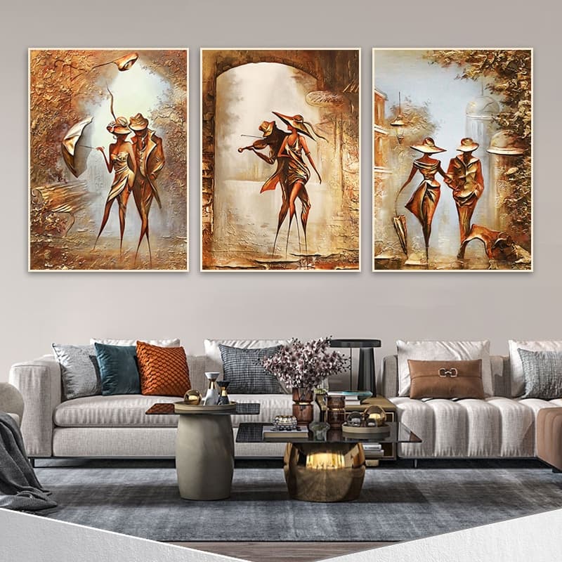 Quadro decorativo 3 peças Casal envelhecido amor decoração quadros sala quarto casal luxo Premium