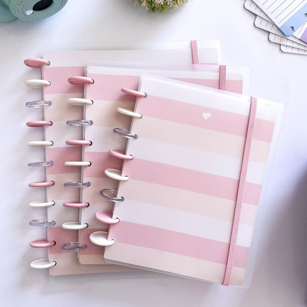 Caderno de disco Basic Rosa listrado -Folhas Reposicionáveis - Inteligente