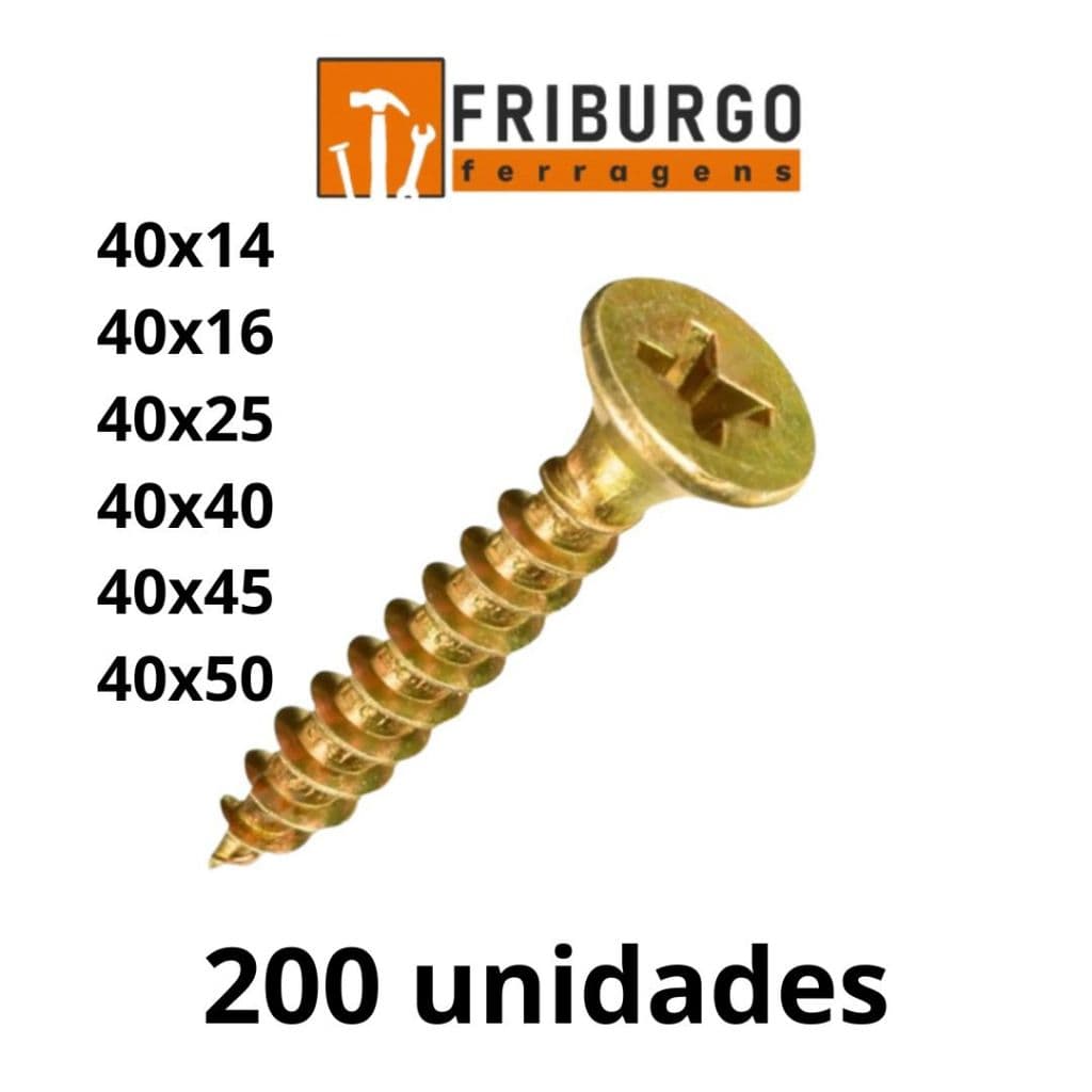 Kit com 200 UND Parafuso Chipboard Cabeça Chata ( 40x14, 40x16, 40x25, 40x40, 40x45, e 40x50)