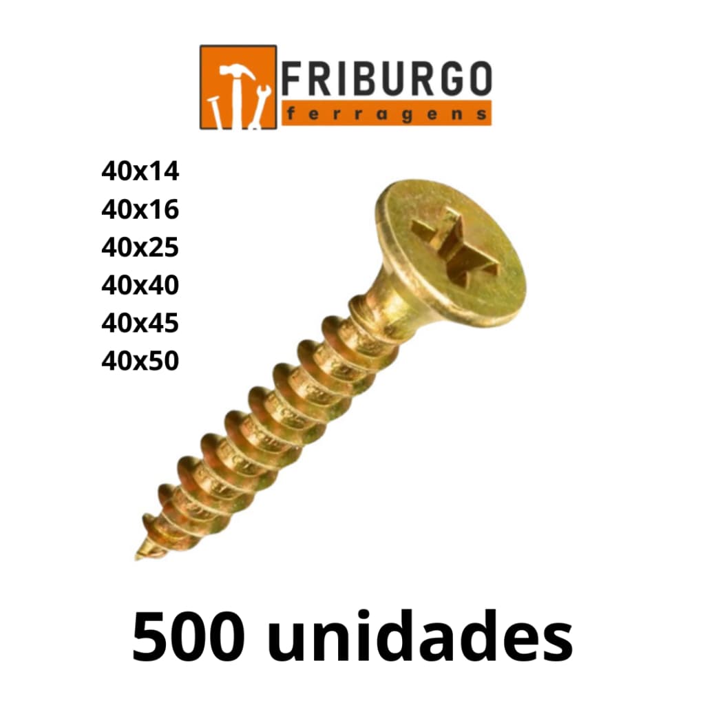 Kit com 500 UND Parafuso Chipboard Cabeça Chata ( 40x14, 40x16, 40x25, 40x40, 40x45, e 40x50)
