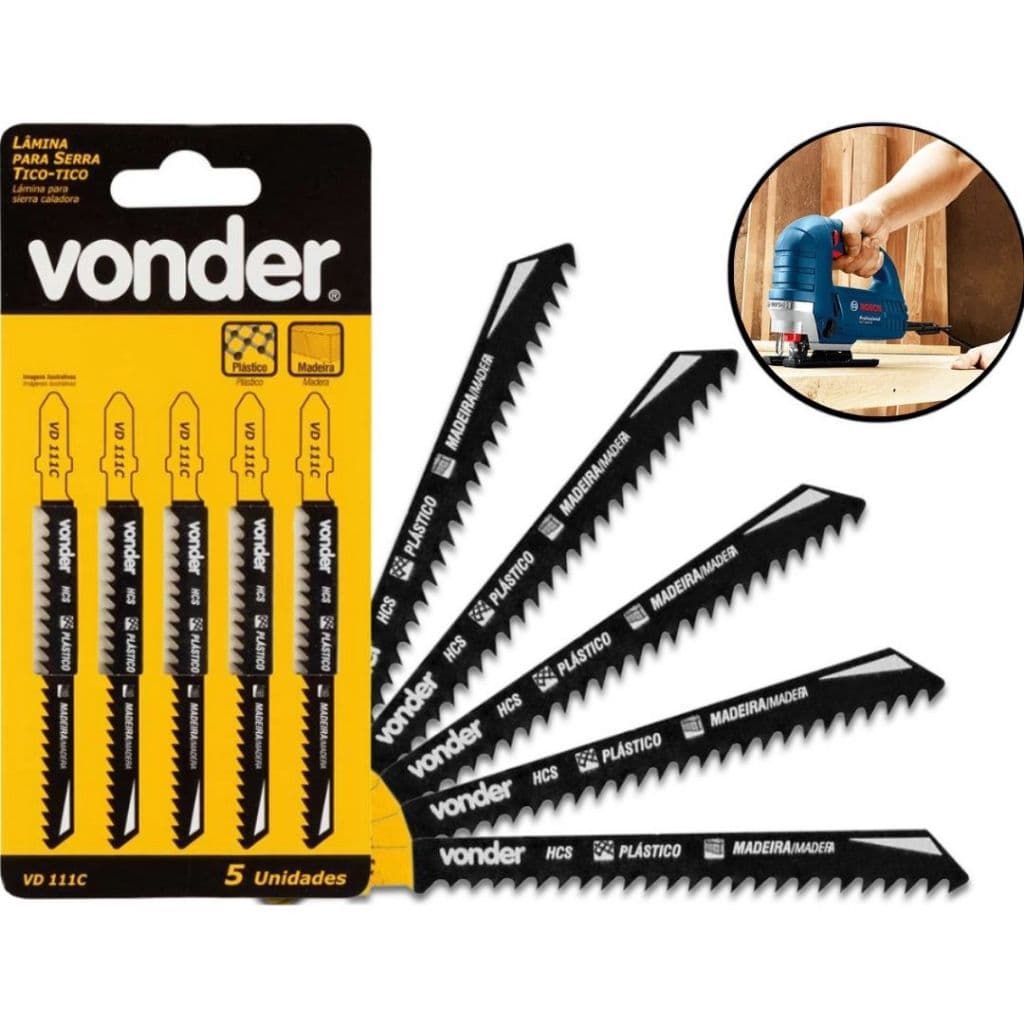 Kit 5 Lâminas de Serra Tico-Tico Universal VD111C - Vonder - Cortes Precisos em Madeira E Derivados 5 Pçs Encaixe Tipo T