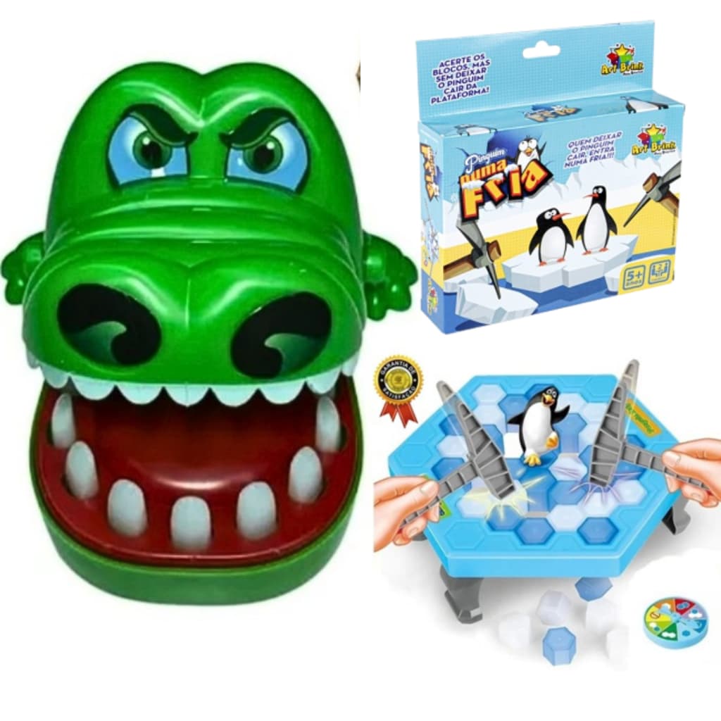 Kit 2 Brinquedos Para Criança Jogo Jacaré Crocodilo Morde Dedo e Jogo do Pinguim Quebra Gelo