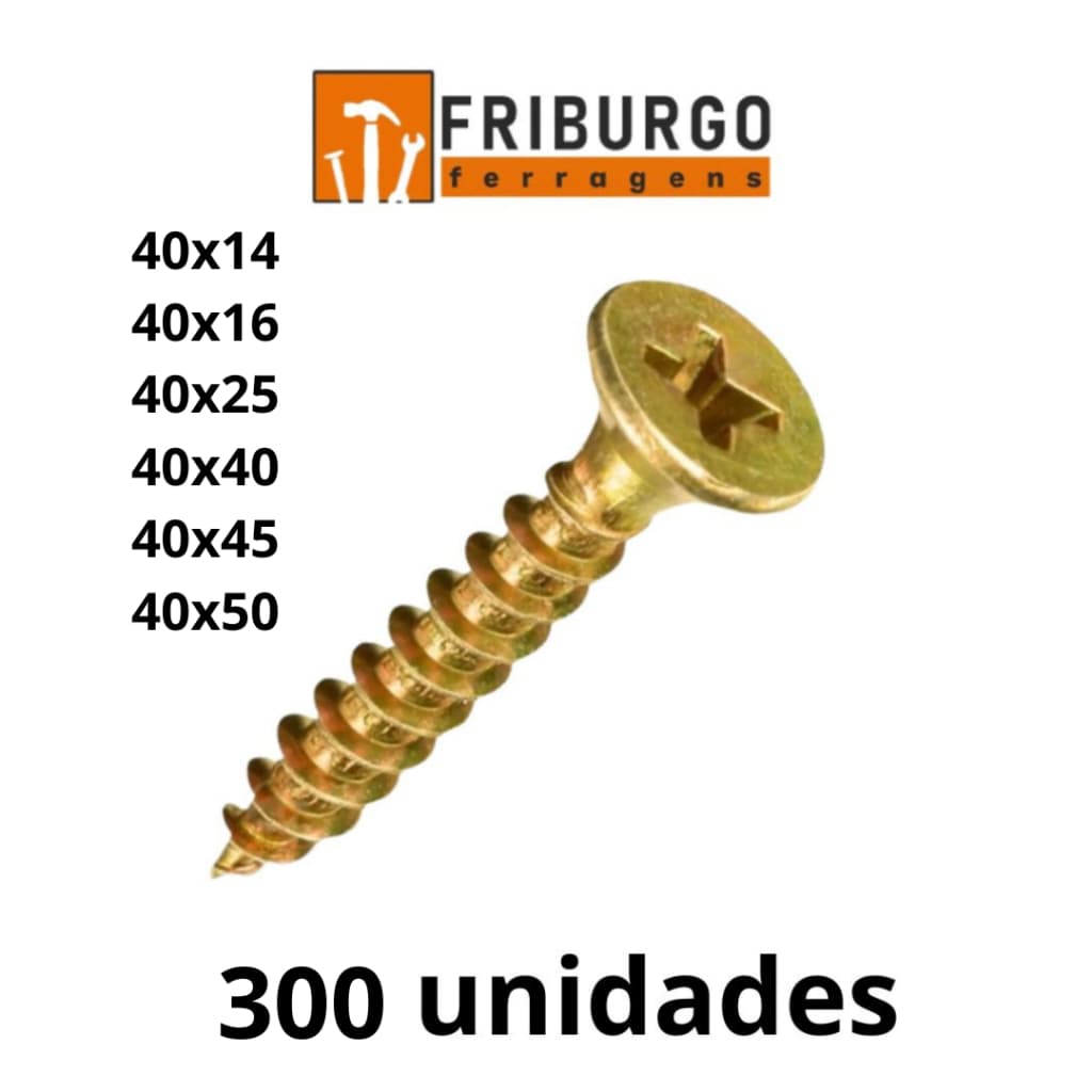 Kit com 300 UND Parafuso Chipboard Cabeça Chata ( 40x14, 40x16, 40x25, 40x40, 40x45, e 40x50)