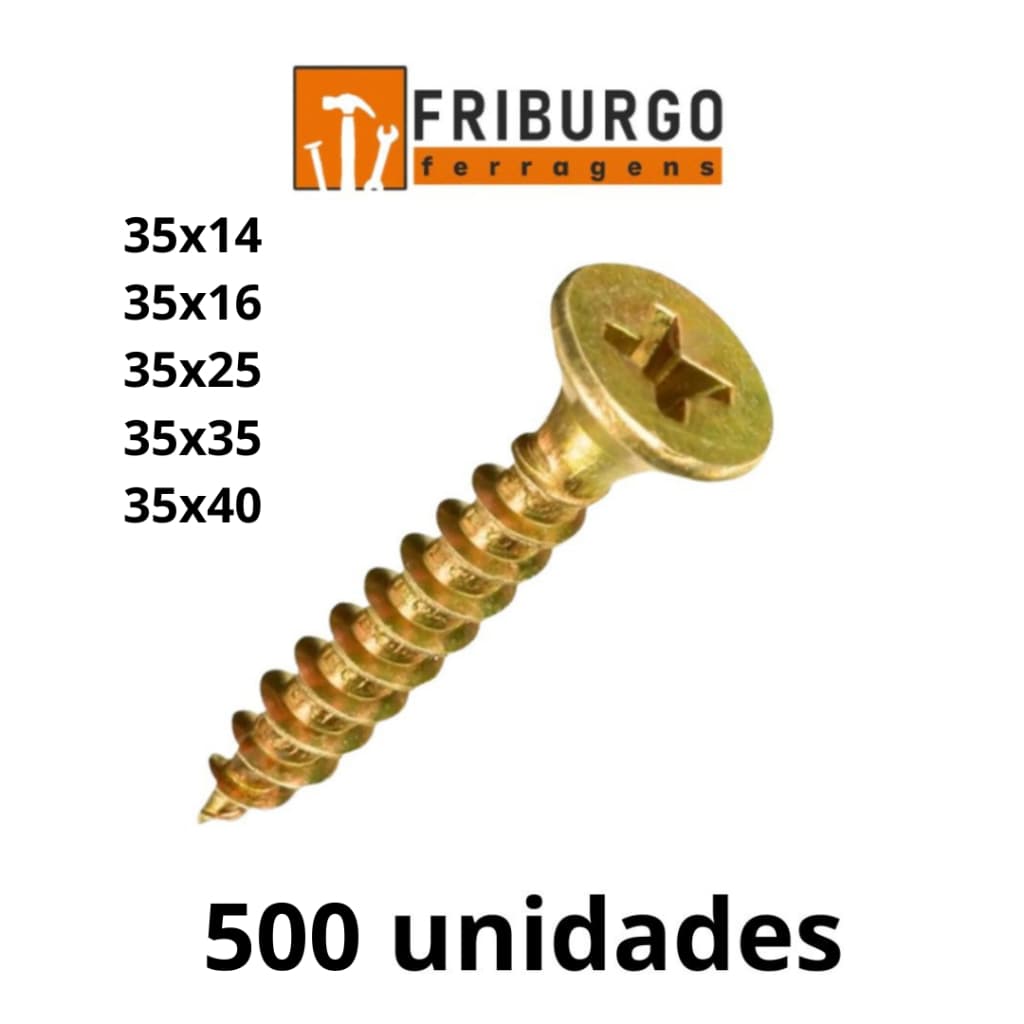 Kit com 500 UND Parafuso Chipboard Cabeça Chata (35X14, 35X16, 35X25, 35X35, 35X40)