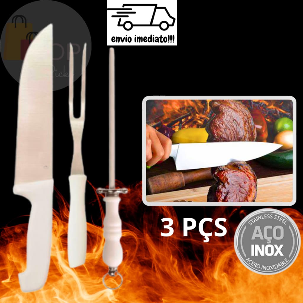 Kit Para Churrasco 3 Pçs Faca Chaira Amolador e Garfo Trinchante
