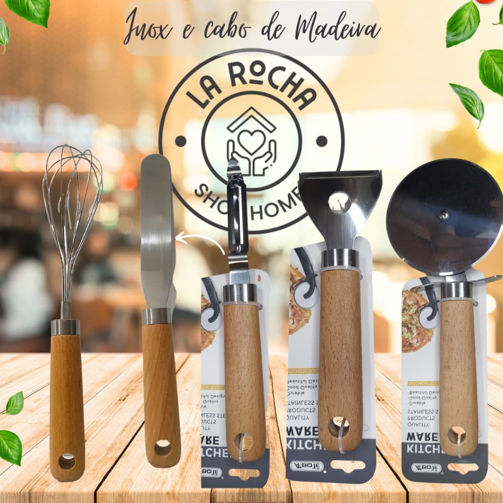 utensilios de cozinha cabo de madeira aço inox descascador ralador cortador de pizza  espatula