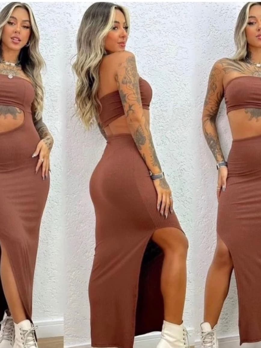 Vestido Feminino Longo Grécia Canelado Premium Tomara que Caia Fenda na Lateral Ombro a Ombro.