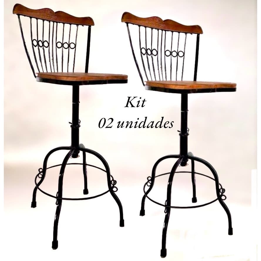Bancos kit 02 bistrô banqueta alta giratoria regulável ferro assento madeira rustica direto fabrica