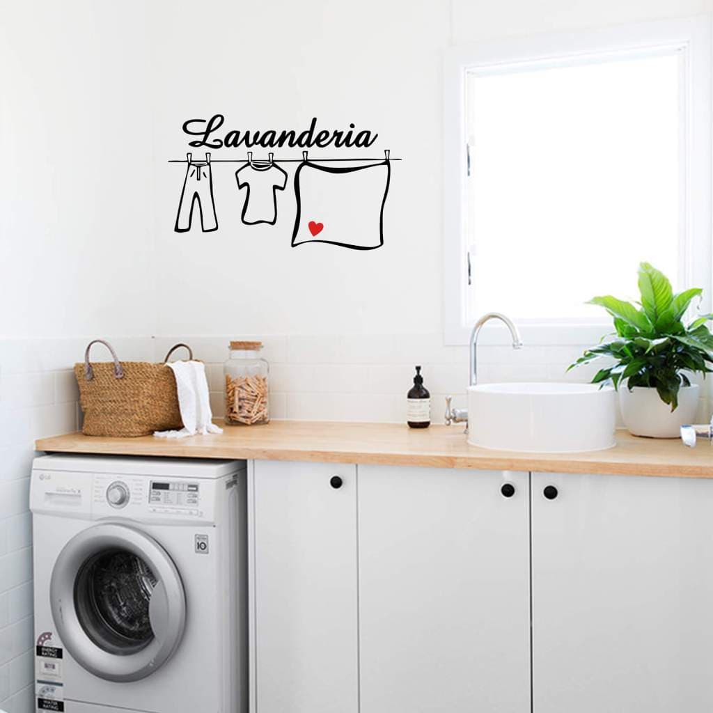 Adesivo de Parede Lavanderia Roupas no Varal Coração Decoração