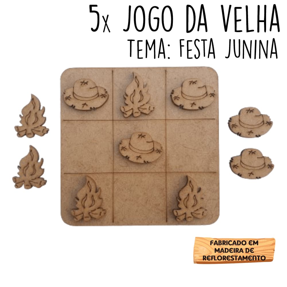 5 Jogos da velha Festa Junina Chapéu Fogueira Festa Julina em MDF 10cm tabuleiro brinquedo presente lembrancinha kit