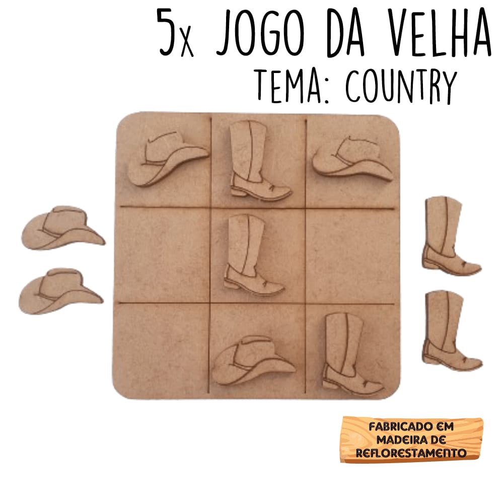 5 Jogos da velha Country Cowboy Cowgirl Bota Chapeu Sertanejo em MDF 10cm tabuleiro brinquedo presente lembrancinha kit