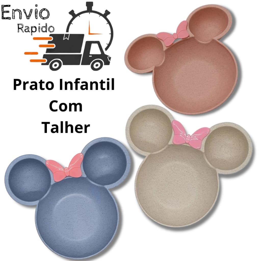 Prato infantil Com Talher Minnie mickey Disney Introduçao alimentar Infantil Criança Alimentação
