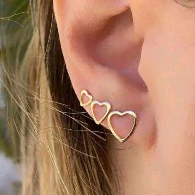 Trio De Brincos Feminino Coração semi jóia Folheado a Ouro 18 k Dourado