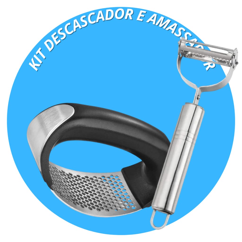KIT Amassador De Alho + Descascador De Legumes 100% Inox Amassador Espremedor De Legumes E Frutas Triturador De Alho Multiuso