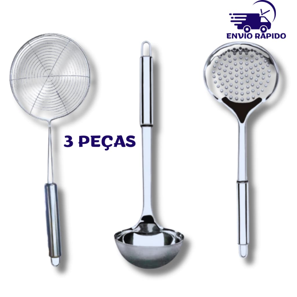 03 Peças Utensilios Cozinha Concha Para Sopas e feijão Escumadeira para Arroz e Escumadeira para Frituras Batata