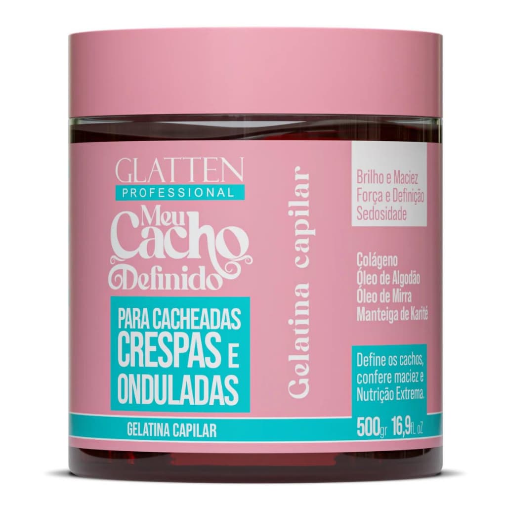 Gelatina capilar Cachos Definidos 500gr Glatten definição e cachos tratados zero frizz e maciez