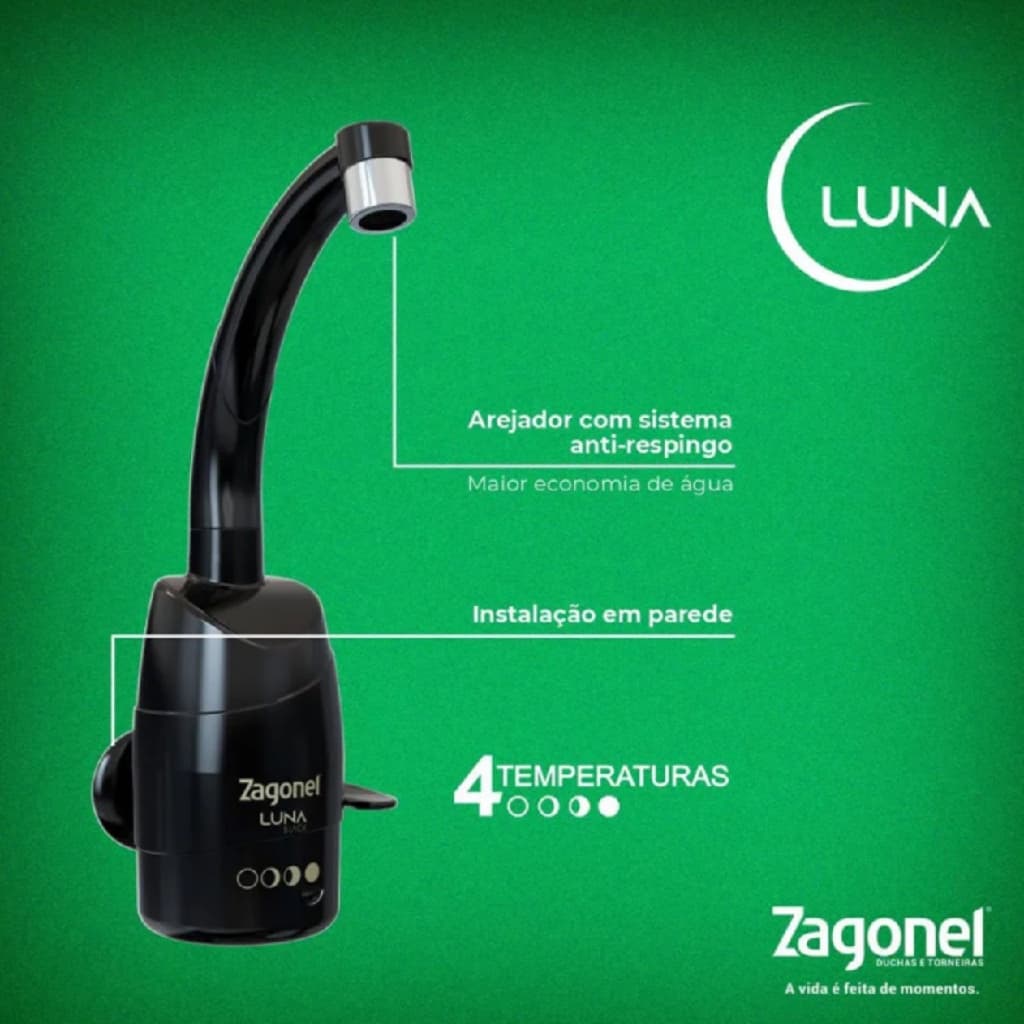Torneira Elétrica Parede 4 Temperaturas 5500W Black 220V Luna Zagonel Multitemperatura 4T
