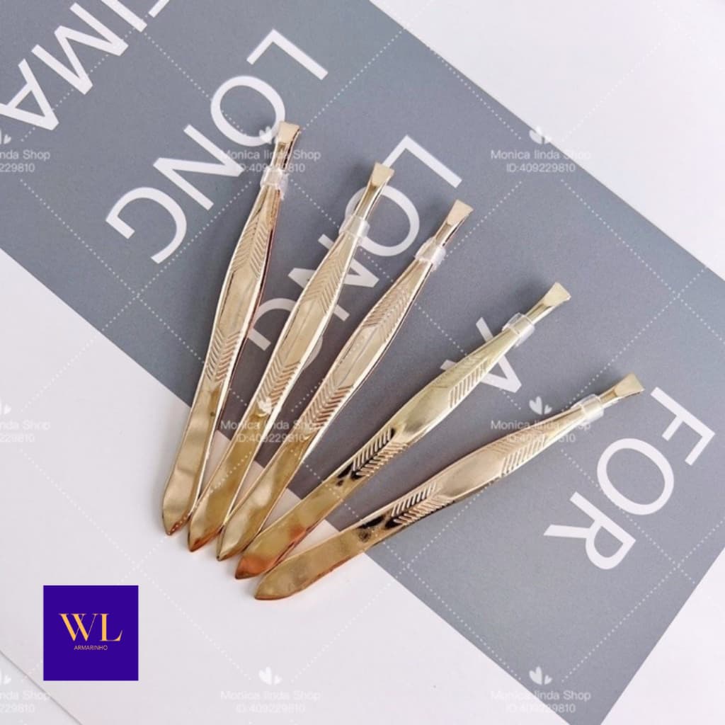 Kit 3 Pinça Sobrancelha Aço Inoxidável Cor Dourado - Entrega Pronto - WL