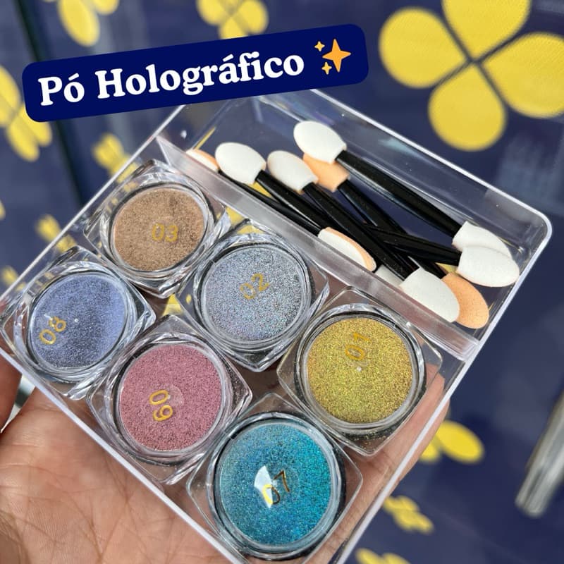Kit Pó Holográfico Cromado Glitter Para Unha Gel Led UV Nail Manicure com 6 unidades
