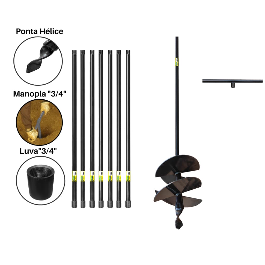 Cavadeira Trado Manual 20cm 4 Facas Cabo Fixo 1m + 7 Extensores De 1m Perfurador de Solo