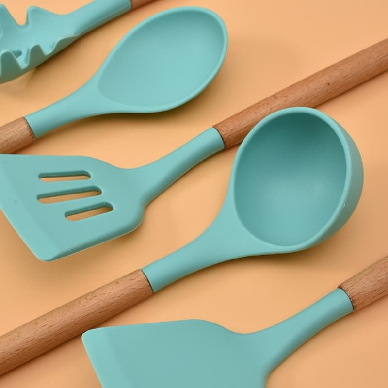 Kit C/12 Pçs Utensílios De Cozinha Colheres Espatula Silicone Cabo Madeira Decoração Livre BPA