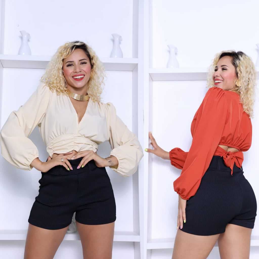 Cropped Blusa Feminina Manga Longa Fufante com Amarração nas Costas