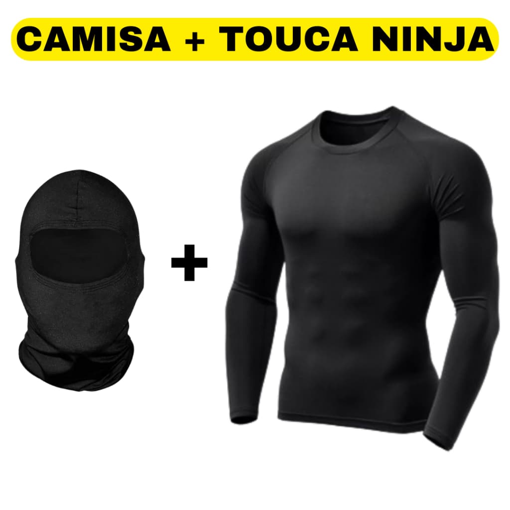 Kit Camisa Térmica Segunda Pele Proteção Solar UV50+ Touca Balaclava Ninja Motoqueiro Ciclismo Motoboy Pesca Esporte UV