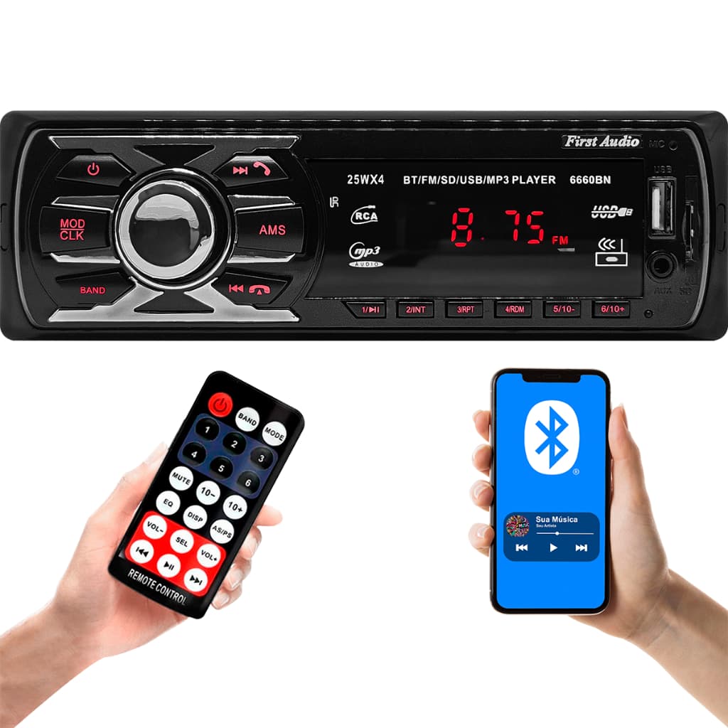Rádio MP3 Player Som Automotivo 6660BN Bluetooth Universal 1 Din com USB e Leitor de Cartão SD
