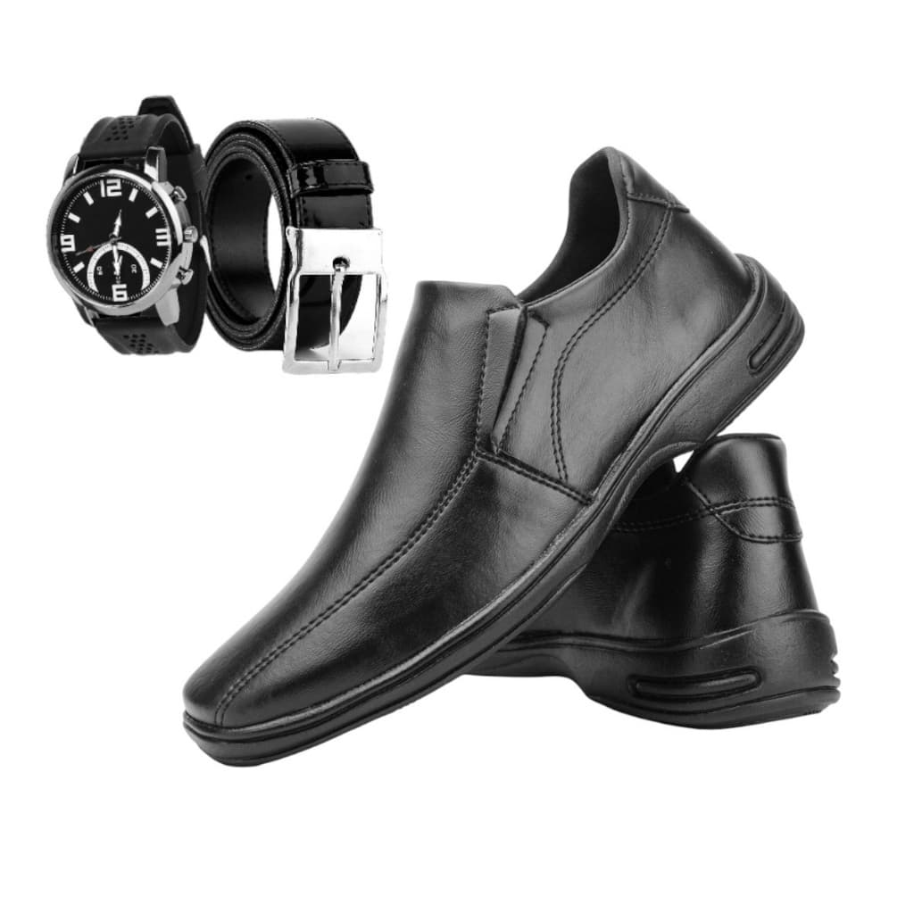 Sapato Social Preto Masculnio Confort Com Relogio e Cinto