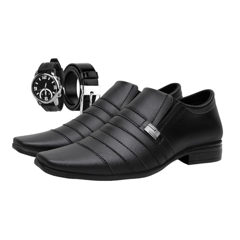 Sapato Social Masculino Preto Para O Dia Dia Kit Com Relogio e Cinto