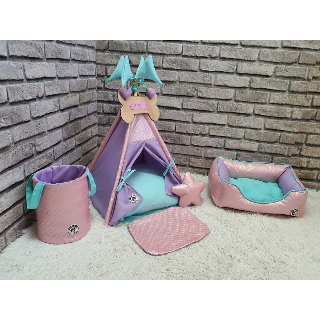 Kit Cabana Cesto Organizador Cachorro Almofada Pet Colchão Cama Quadrada Casinha Toca