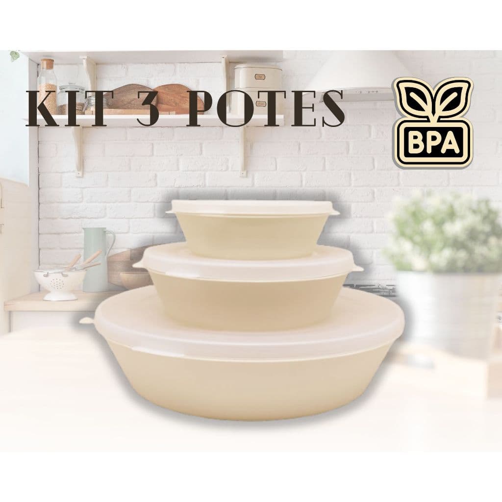 pote plastico tampa, pote bege, pote nude, potes com tampa, Kit potes, conjunto pote, Kit 3 potes, Pote armazenamento