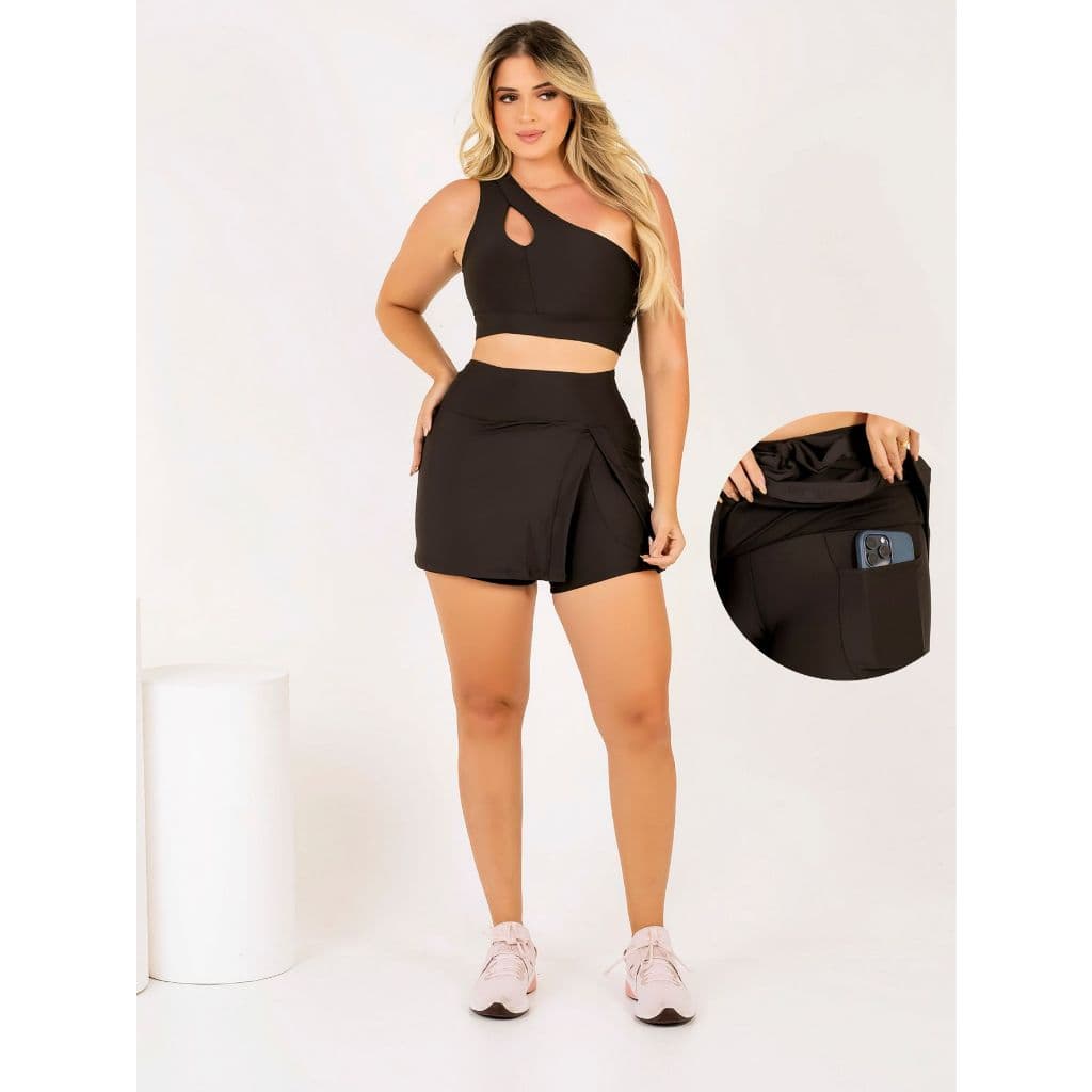 Conjunto Fitness Feminino Short Saia Com Bolso Abertura Fenda + Top Cropped Transversal Academia Beach Tennis The Start