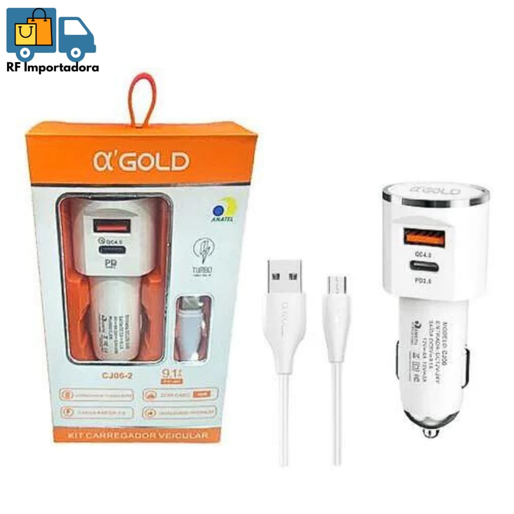 Kit Carregador Veícular Turbo Entrada USB E PD A'GOLD CJ06 60W IPHONE/TIPO C