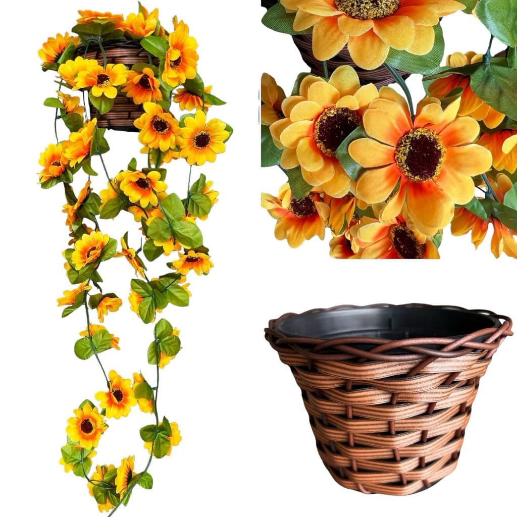 2 kit GIRASSOL Planta Decorativa + Vaso GRANDE Trançado Marrom 2 PENDENTES TREPADEIRA Artificial Folhas  PT15