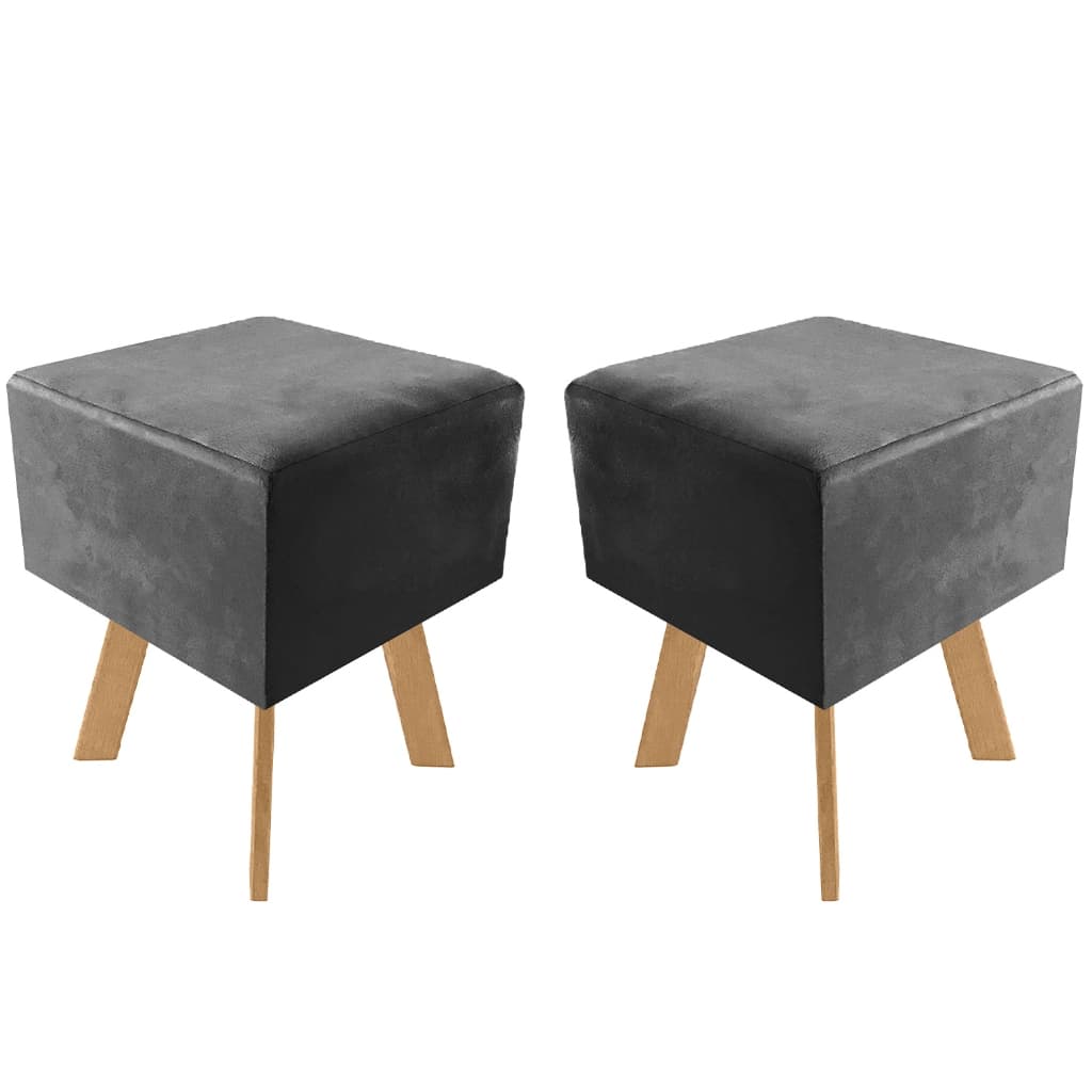 2 Banquetas Puff Retrô Em Madeira Pinus - Chumbo