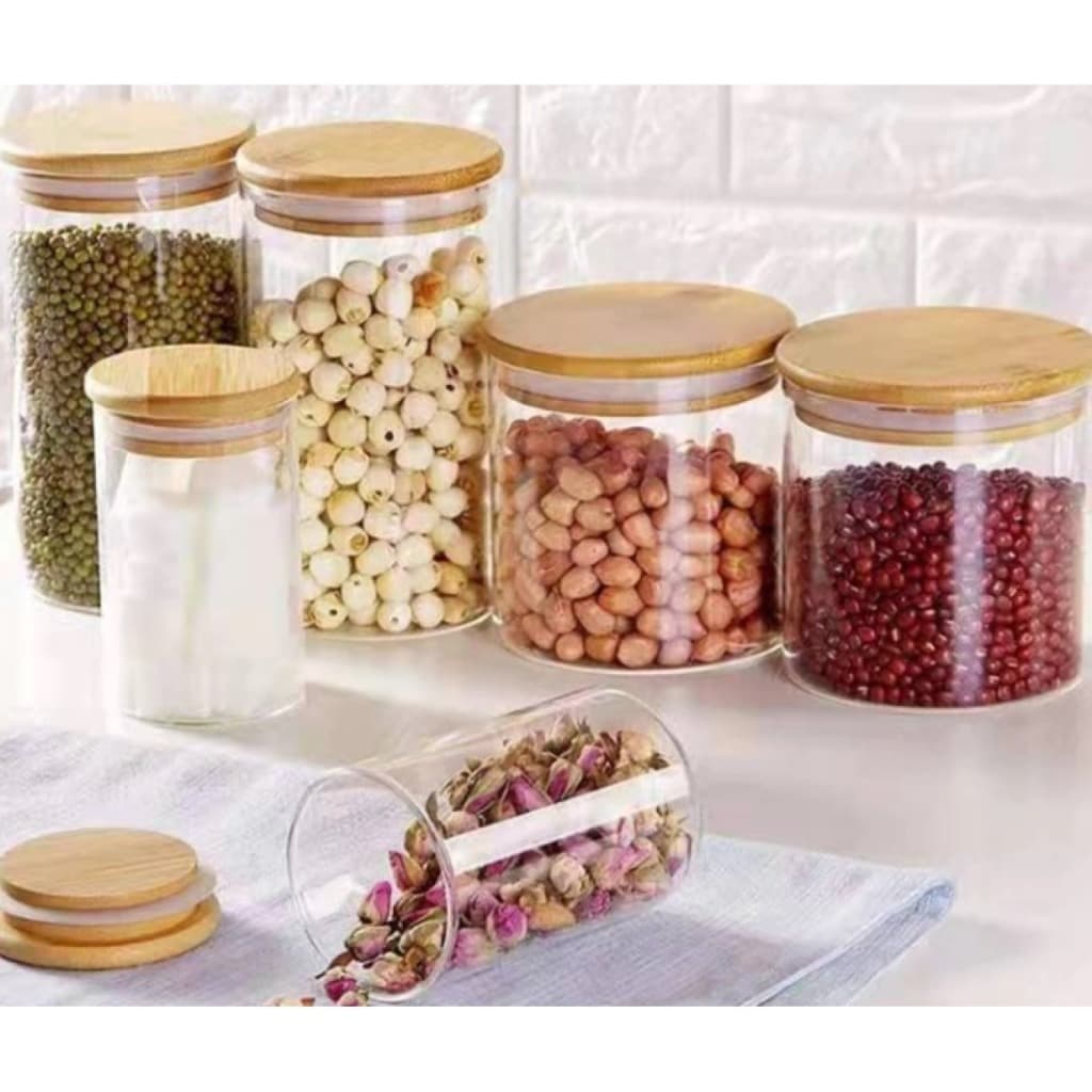 Kit de 3 ou 1 Potes Herméticos de Vidro com Tampa de Bambu Redondo