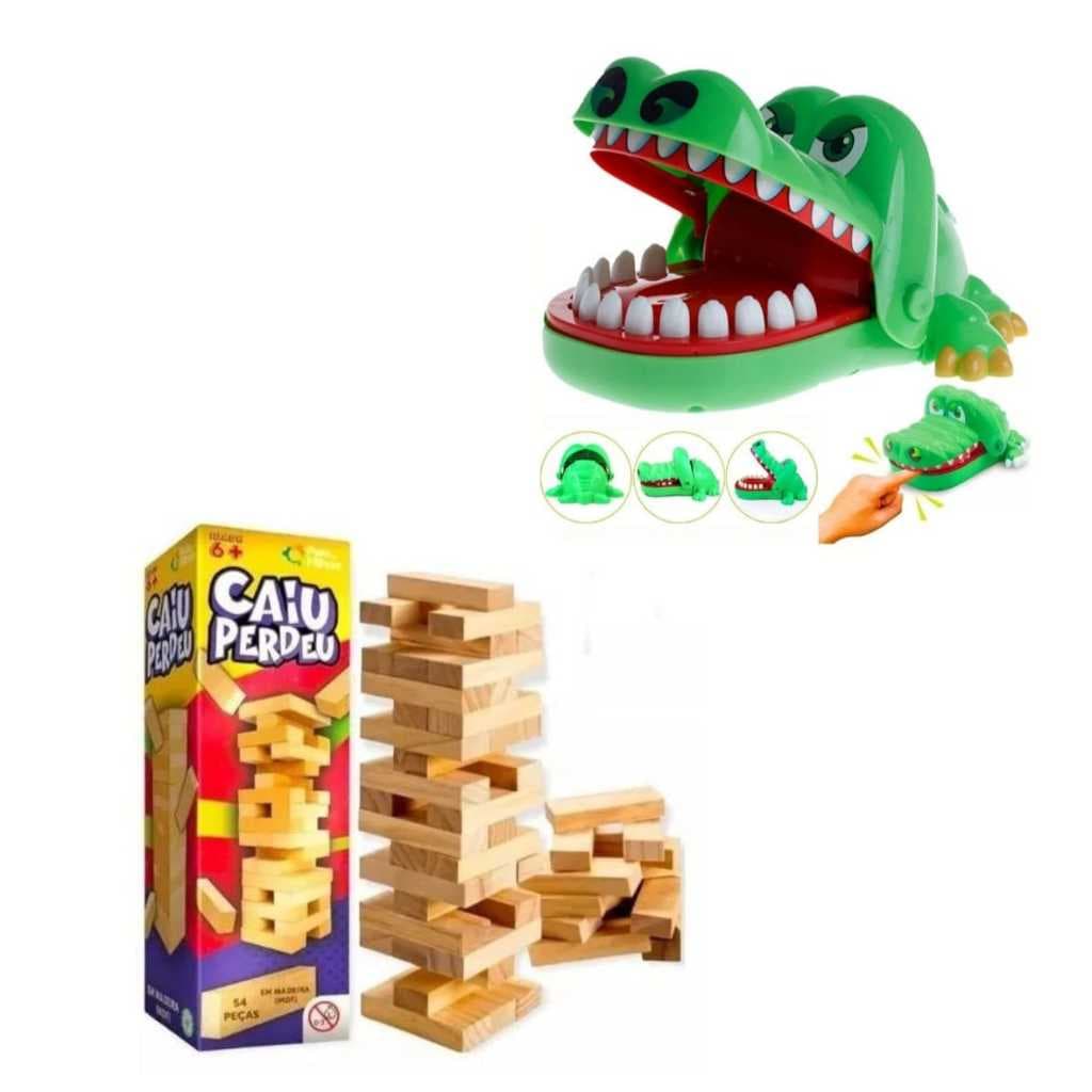 Jogo Caiu Perdeu Torre Maluca De Equilíbrio Divertida e CROCODILO DENTISTA MORDE DEDO JACARÉ APERTA DENTE ORIGINAL