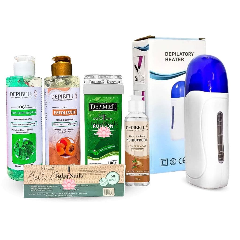 Kit Aquecedor Cera Quente Roll On + Loção Esfoliante DEPIBELL + Folhas De Tnt + Óleo Removedor N°19