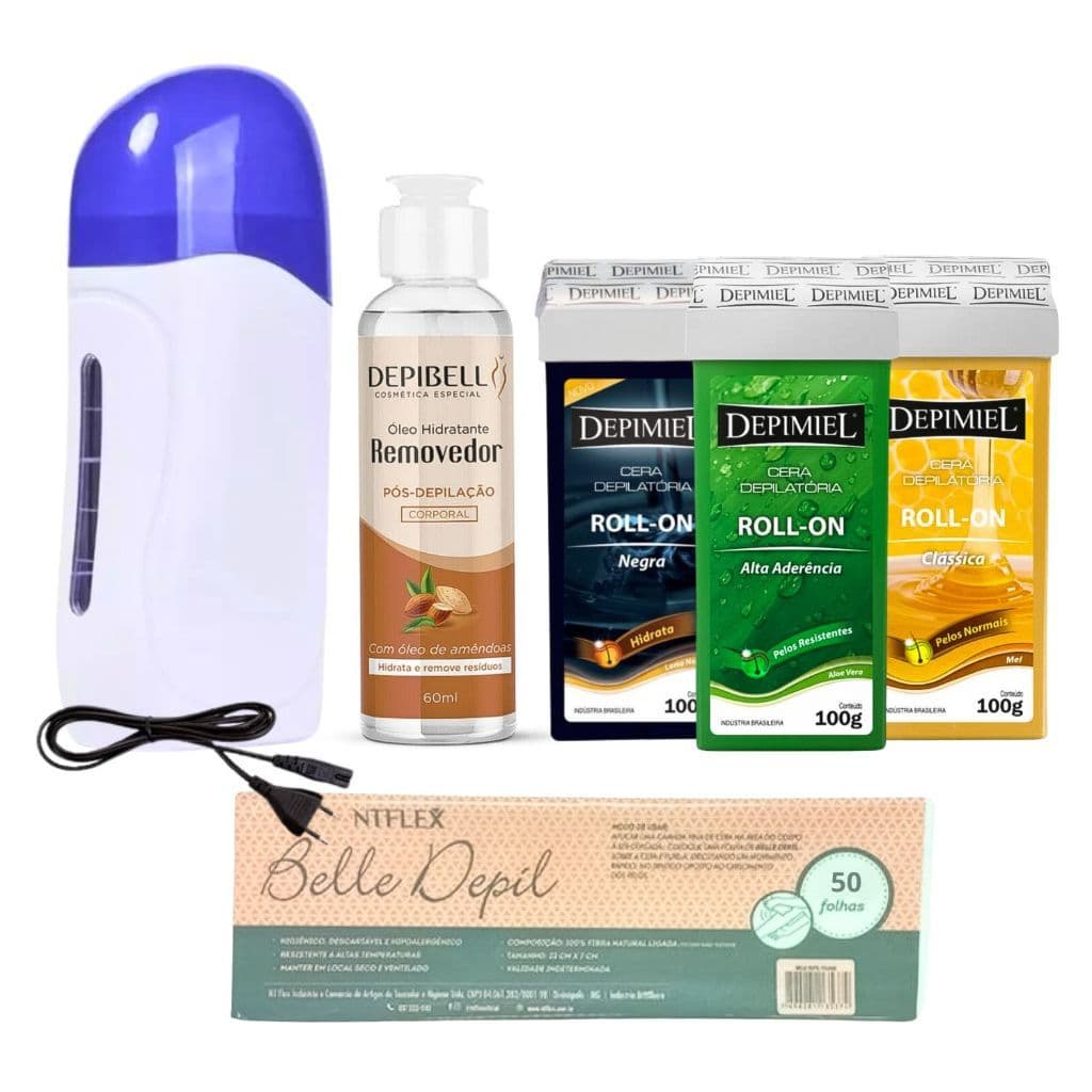 Kit 3 Cera Quente Depimiel 100g + Aquecedor Roll On + Óleo Removedor 50 Folhas Tnt Depilaçao 15